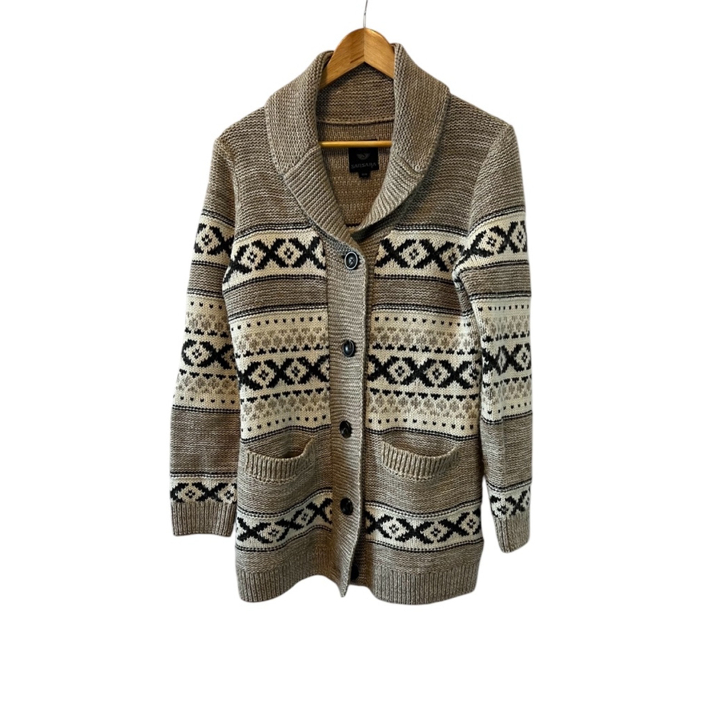 SANSARA Wool Blend Tan Printed Button Up Long Sleeve Cardigan Sweater M